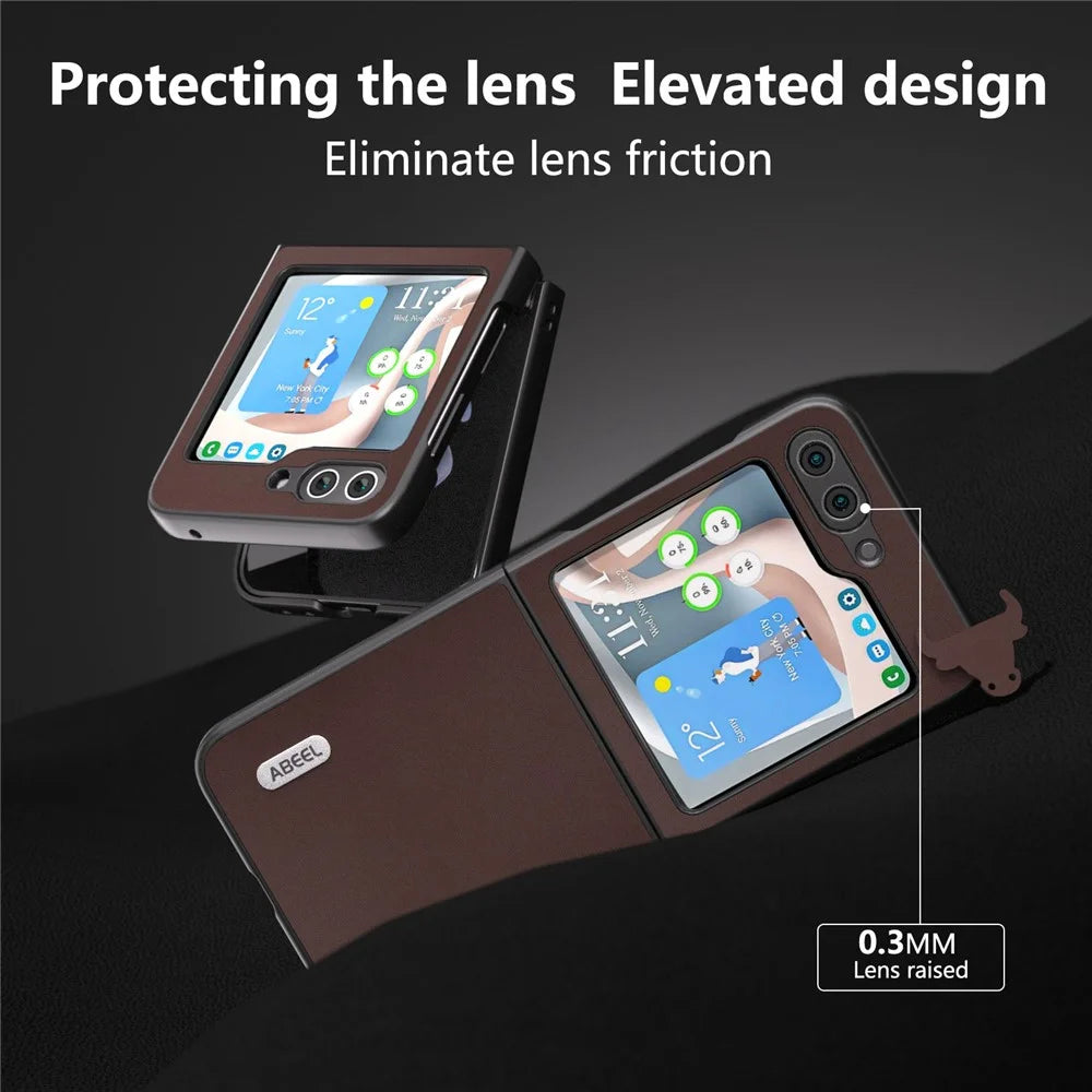 ABEEL For Samsung Galaxy Z Flip5 5G Anti-Slip Slim Folding Case Genuine Cow Leather + PC Shockproof Phone Cover - Coffee - 2