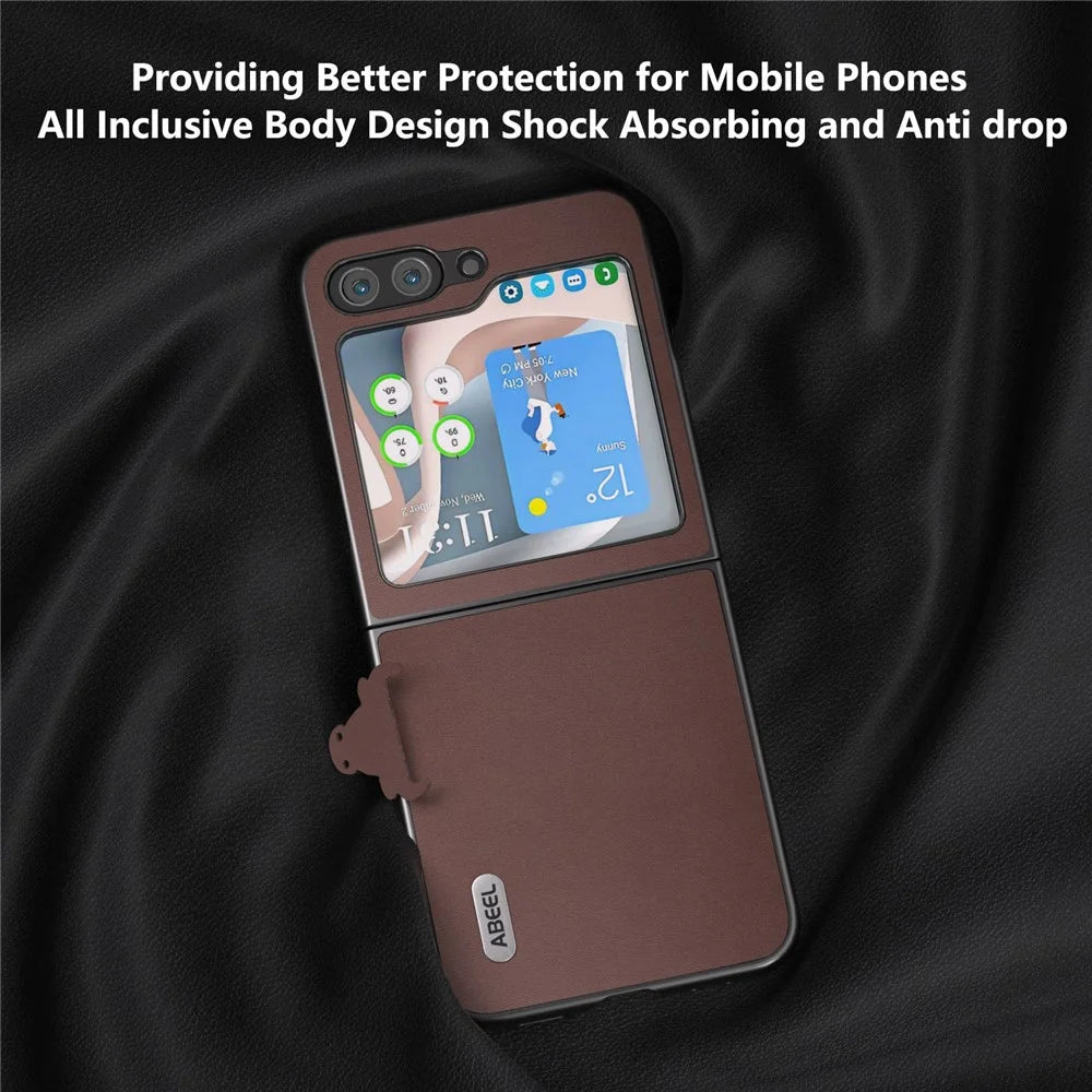 ABEEL For Samsung Galaxy Z Flip5 5G Anti-Slip Slim Folding Case Genuine Cow Leather + PC Shockproof Phone Cover - Coffee - 3