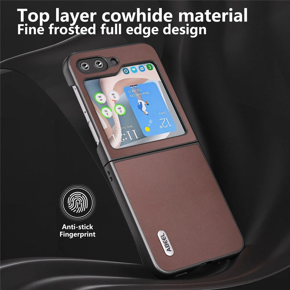 ABEEL For Samsung Galaxy Z Flip5 5G Anti-Slip Slim Folding Case Genuine Cow Leather + PC Shockproof Phone Cover - Coffee - 4
