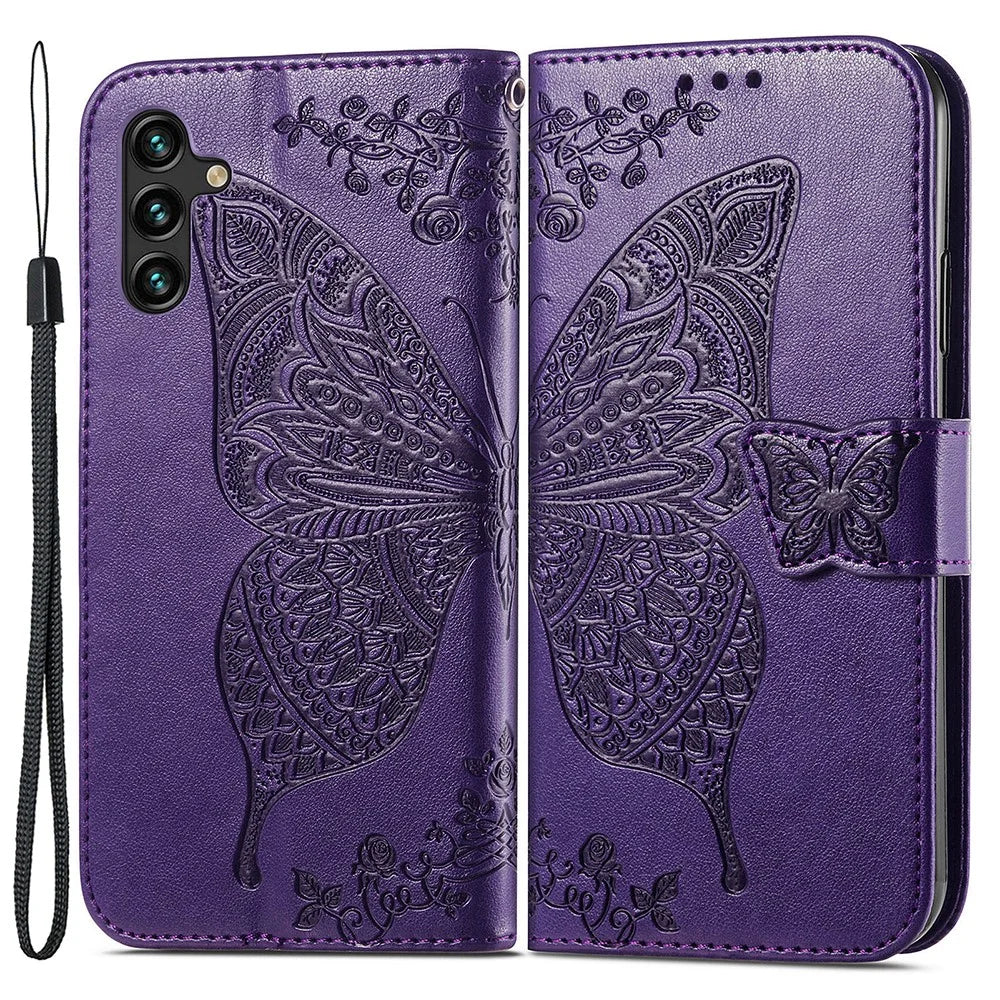 For Samsung Galaxy A24 4G (162.1 x 77.6 x 8.3mm) Stand Wallet Case PU Leather Butterfly Imprinted Flip Phone Cover - Purple - 1
