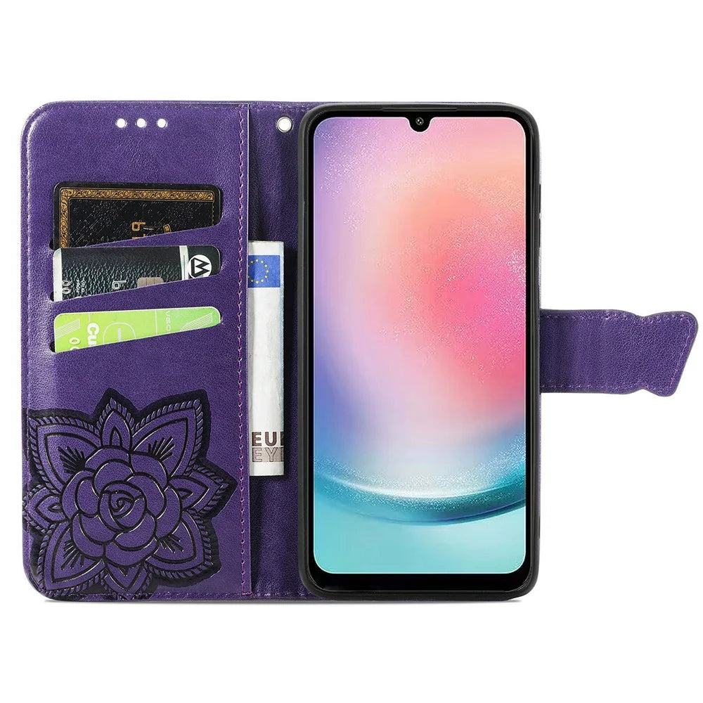 For Samsung Galaxy A24 4G (162.1 x 77.6 x 8.3mm) Stand Wallet Case PU Leather Butterfly Imprinted Flip Phone Cover - Purple - 2