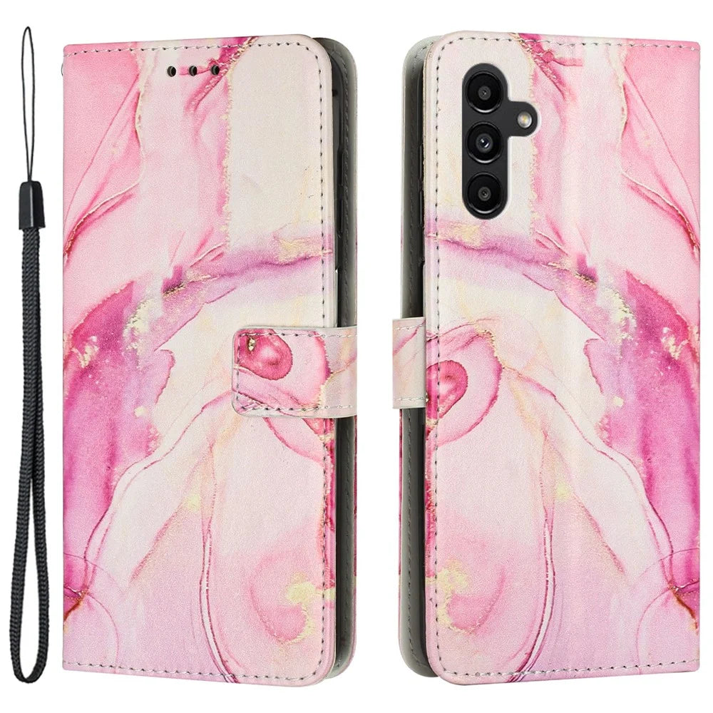 For Samsung Galaxy M14 5G Marble Pattern Flip Phone Case PU Leather Stand Wallet Cover with Strap - Rose Gold - 1