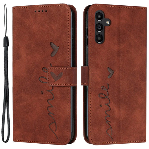 For Samsung Galaxy M14 5G Skin-touch Feeling Leather Phone Case Stand Imprinted Heart Wallet Phone Cover - Brown - 1