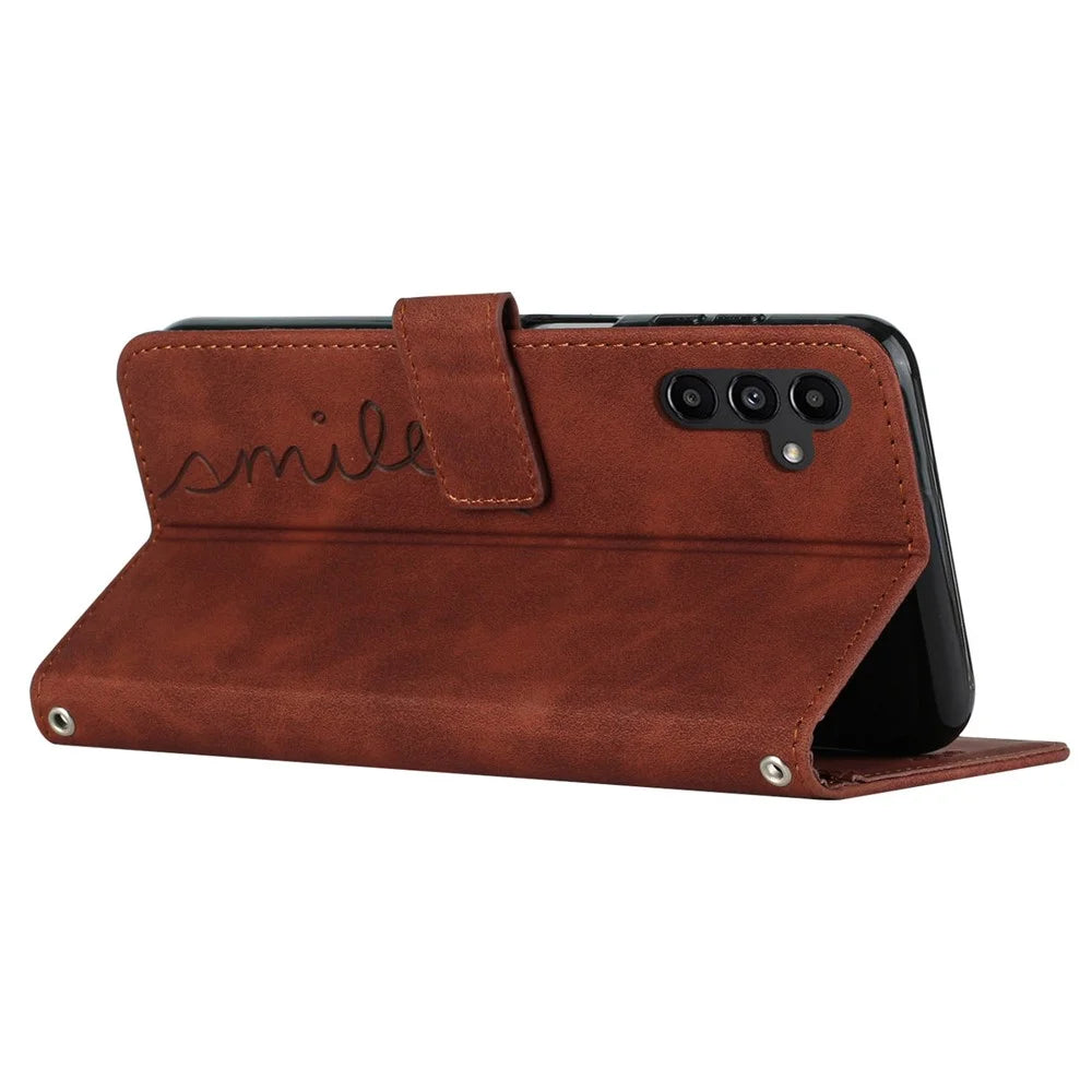 For Samsung Galaxy M14 5G Skin-touch Feeling Leather Phone Case Stand Imprinted Heart Wallet Phone Cover - Brown - 3