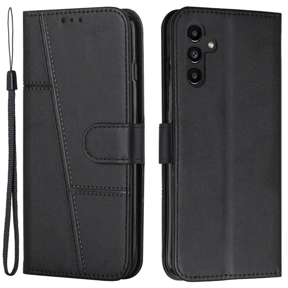 For Samsung Galaxy M14 5G PU Leather Smartphone Case Magnetic Clasp Cell Phone Wallet Stand Cover - Black - 1