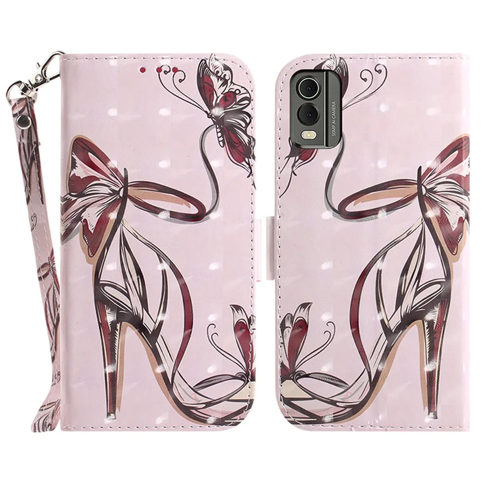 For Nokia C32 Pattern Design Folio Cover PU Leather Stand Wallet Phone Case with Strap - Butterfly High Heels - 1