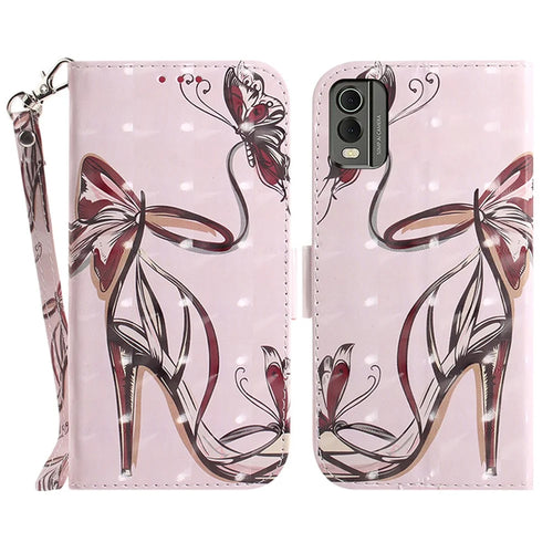 For Nokia C32 Pattern Design Folio Cover PU Leather Stand Wallet Phone Case with Strap - Butterfly High Heels - 1