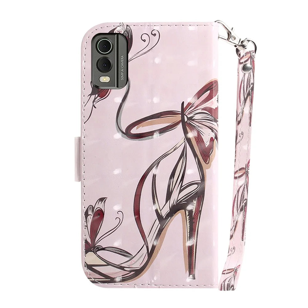 For Nokia C32 Pattern Design Folio Cover PU Leather Stand Wallet Phone Case with Strap - Butterfly High Heels - 6