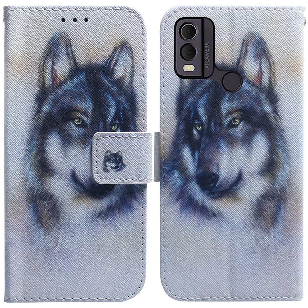 Anti-Drop PU Leather Flip Cover for Nokia C22 Pattern Printing Wallet Phone Case - Wolf - 1