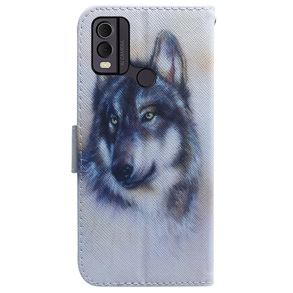 Anti-Drop PU Leather Flip Cover for Nokia C22 Pattern Printing Wallet Phone Case - Wolf - 7