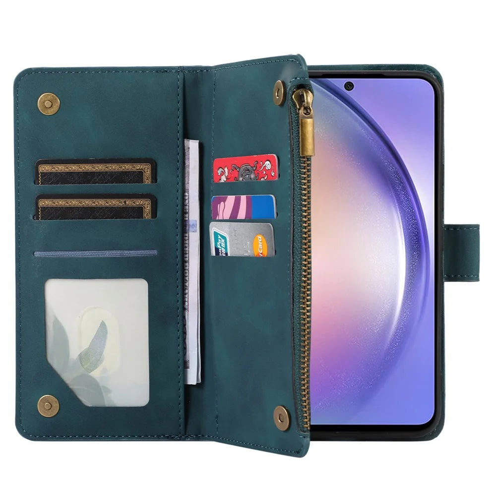 For Samsung Galaxy A34 5G PU Leather 9 Card Slots Zipper Pocket Phone Case Rhombus Imprint Stand Wallet Cover - Green - 5