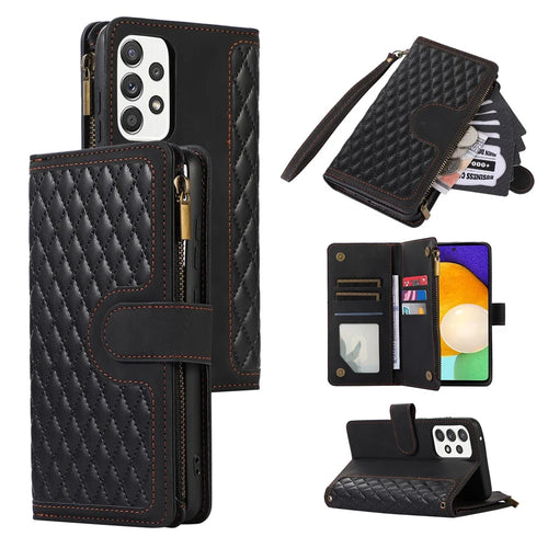 For Samsung Galaxy A52 4G / A52 5G / A52s 5G Zipper Pocket Leather Wallet Phone Case Rhombus Imprinted Stand Cover with 9 Card Slots - Black - 1