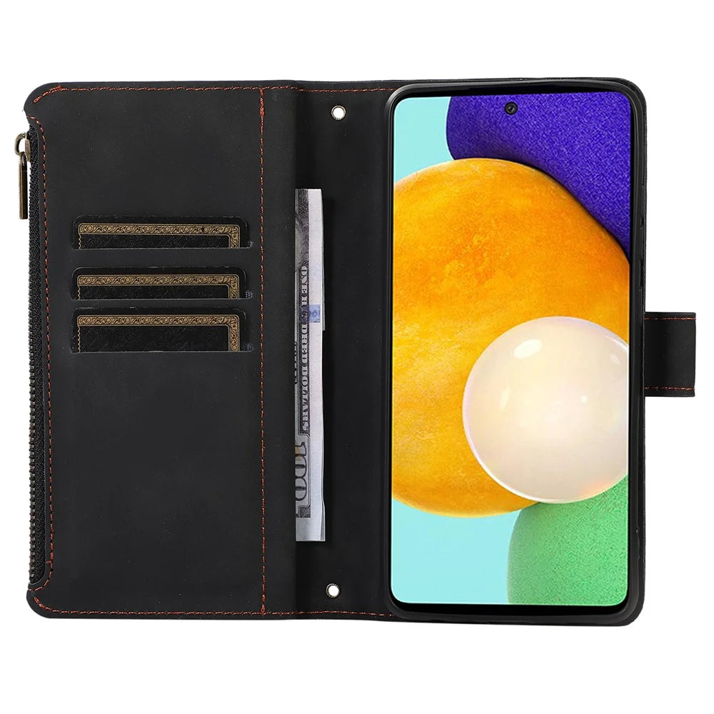 For Samsung Galaxy A52 4G / A52 5G / A52s 5G Zipper Pocket Leather Wallet Phone Case Rhombus Imprinted Stand Cover with 9 Card Slots - Black - 2