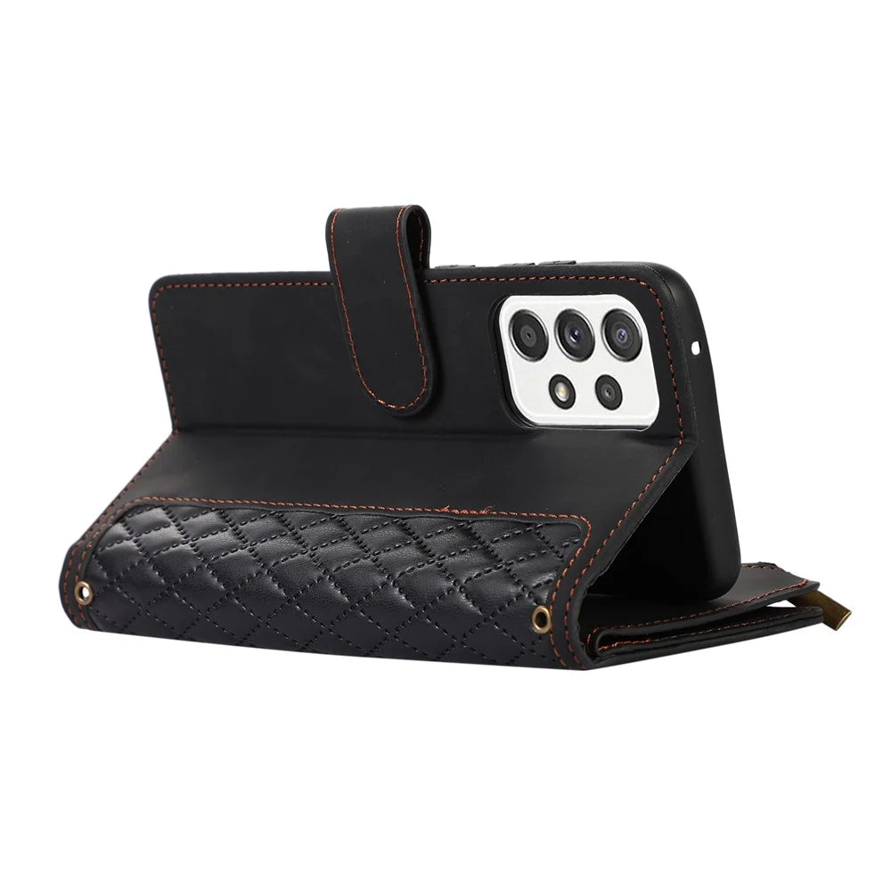 For Samsung Galaxy A52 4G / A52 5G / A52s 5G Zipper Pocket Leather Wallet Phone Case Rhombus Imprinted Stand Cover with 9 Card Slots - Black - 4