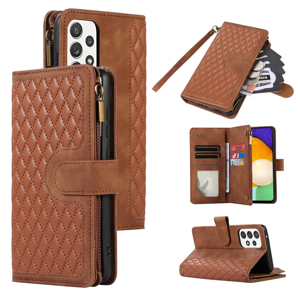 For Samsung Galaxy A13 5G / A13 4G PU Leather Zipper Pocket Wallet Shell 9 Card Slots Rhombus Imprint Stand Phone Case - Brown - 1