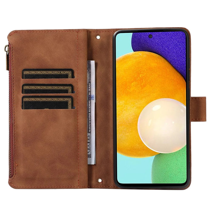 For Samsung Galaxy A13 5G / A13 4G PU Leather Zipper Pocket Wallet Shell 9 Card Slots Rhombus Imprint Stand Phone Case - Brown - 2