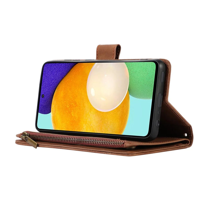 For Samsung Galaxy A13 5G / A13 4G PU Leather Zipper Pocket Wallet Shell 9 Card Slots Rhombus Imprint Stand Phone Case - Brown - 3