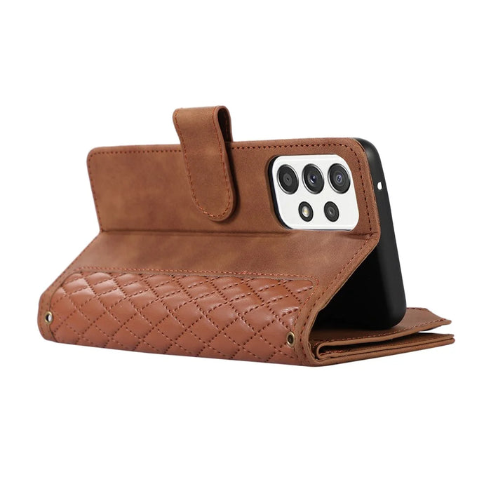For Samsung Galaxy A13 5G / A13 4G PU Leather Zipper Pocket Wallet Shell 9 Card Slots Rhombus Imprint Stand Phone Case - Brown - 4
