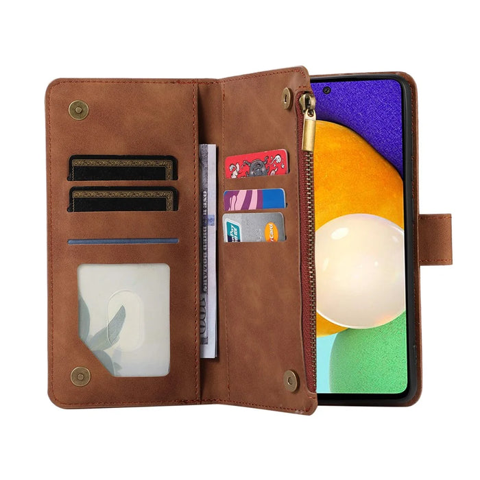 For Samsung Galaxy A13 5G / A13 4G PU Leather Zipper Pocket Wallet Shell 9 Card Slots Rhombus Imprint Stand Phone Case - Brown - 5