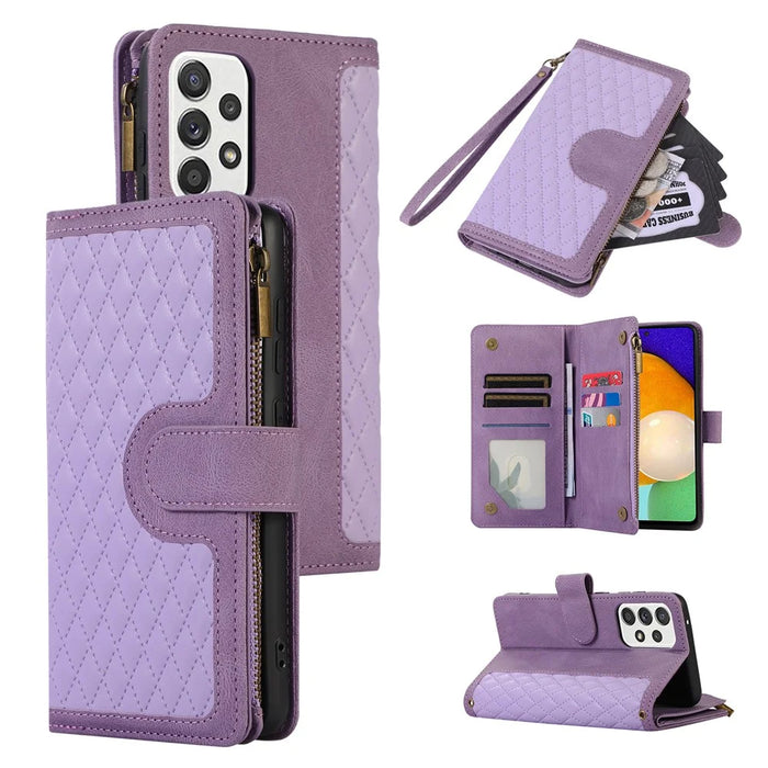 For Samsung Galaxy A23 4G / A23 5G (Global Version) Zipper Pocket Phone Case Imprinted Leather Wallet Stand Cover with 9 Card Slots - Purple - 1