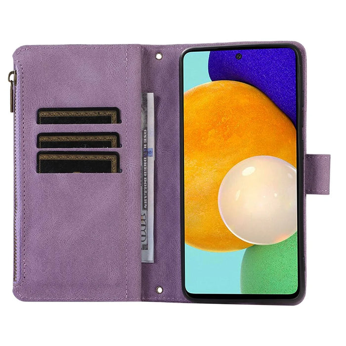 For Samsung Galaxy A23 4G / A23 5G (Global Version) Zipper Pocket Phone Case Imprinted Leather Wallet Stand Cover with 9 Card Slots - Purple - 2