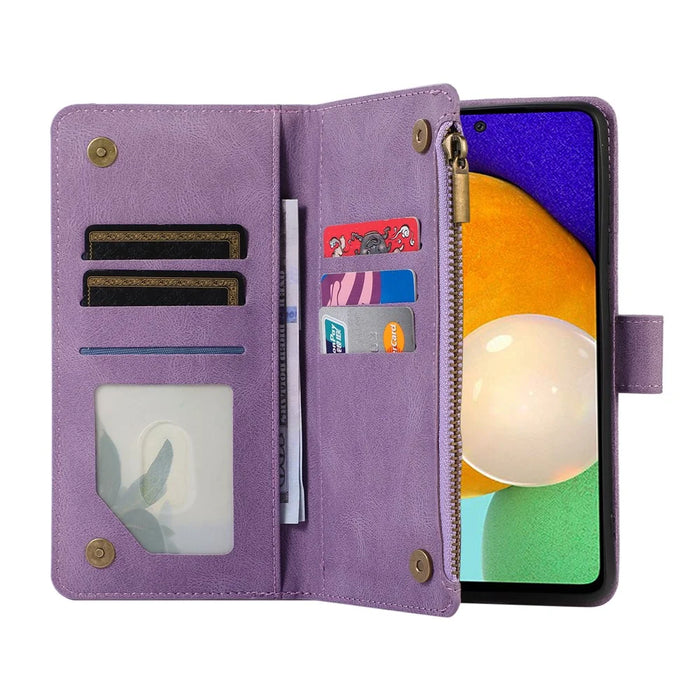 For Samsung Galaxy A23 4G / A23 5G (Global Version) Zipper Pocket Phone Case Imprinted Leather Wallet Stand Cover with 9 Card Slots - Purple - 5
