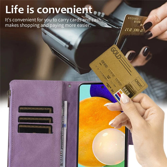 For Samsung Galaxy A23 4G / A23 5G (Global Version) Zipper Pocket Phone Case Imprinted Leather Wallet Stand Cover with 9 Card Slots - Purple - 6