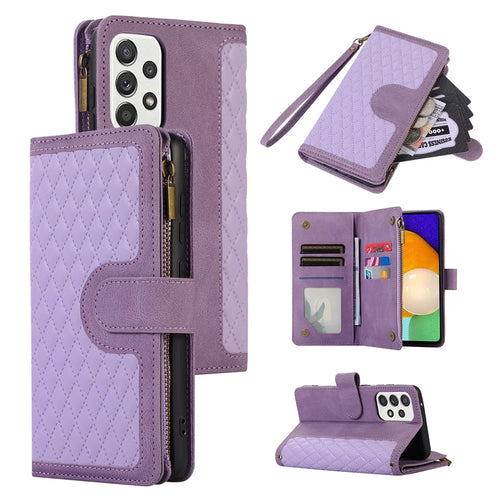 For Samsung Galaxy A33 5G Imprinted Zipper Pocket Leather Cover 9 Card Slots Wallet Stand Phone Case - Purple - 1