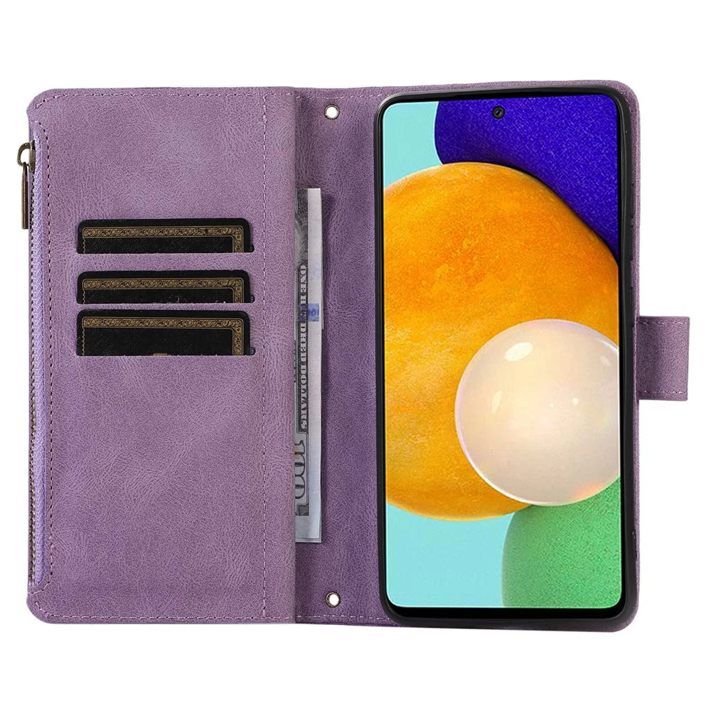 For Samsung Galaxy A33 5G Imprinted Zipper Pocket Leather Cover 9 Card Slots Wallet Stand Phone Case - Purple - 2