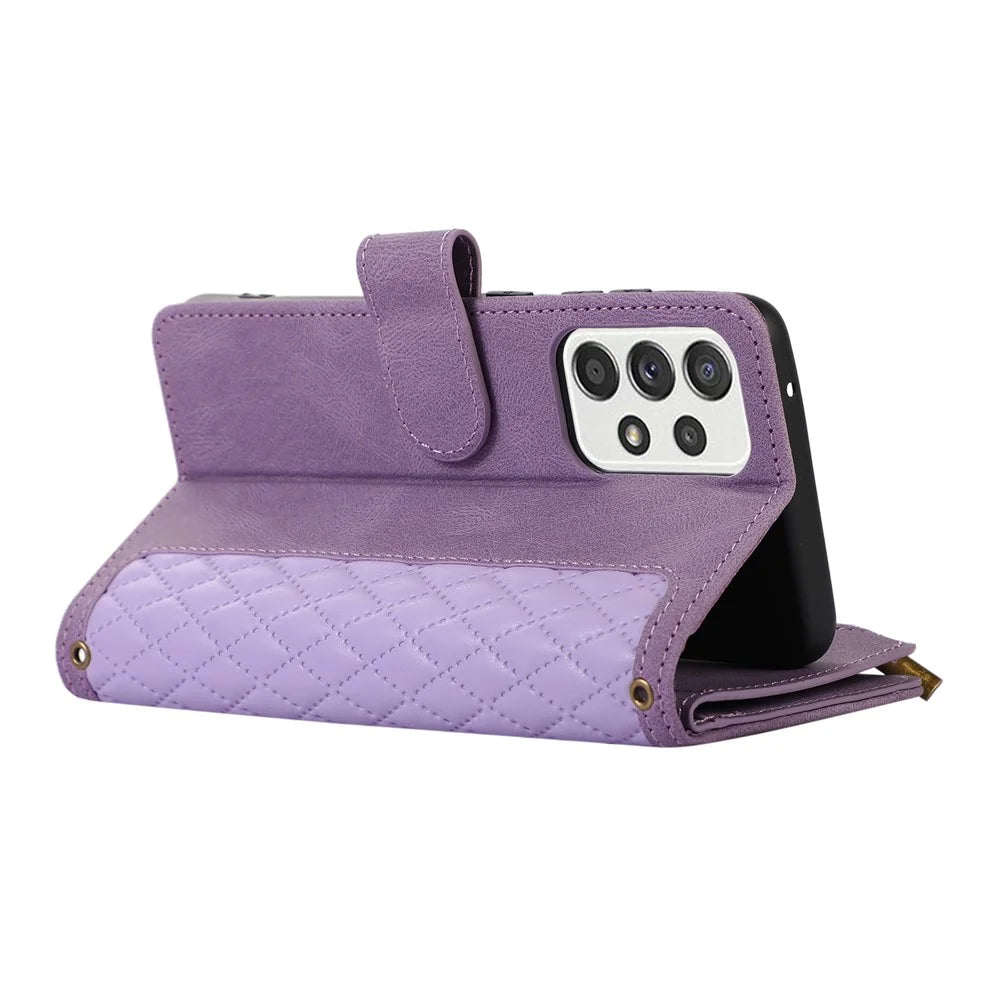 For Samsung Galaxy A33 5G Imprinted Zipper Pocket Leather Cover 9 Card Slots Wallet Stand Phone Case - Purple - 4