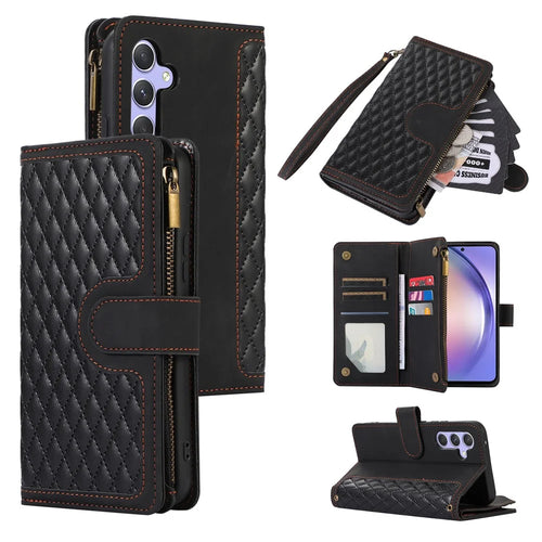 For Samsung Galaxy A24 4G (162.1 x 77.6 x 8.3mm) Zipper Pocket Wallet Stand Phone Case 9 Card Slots Imprinted Leather Shell - Black - 1