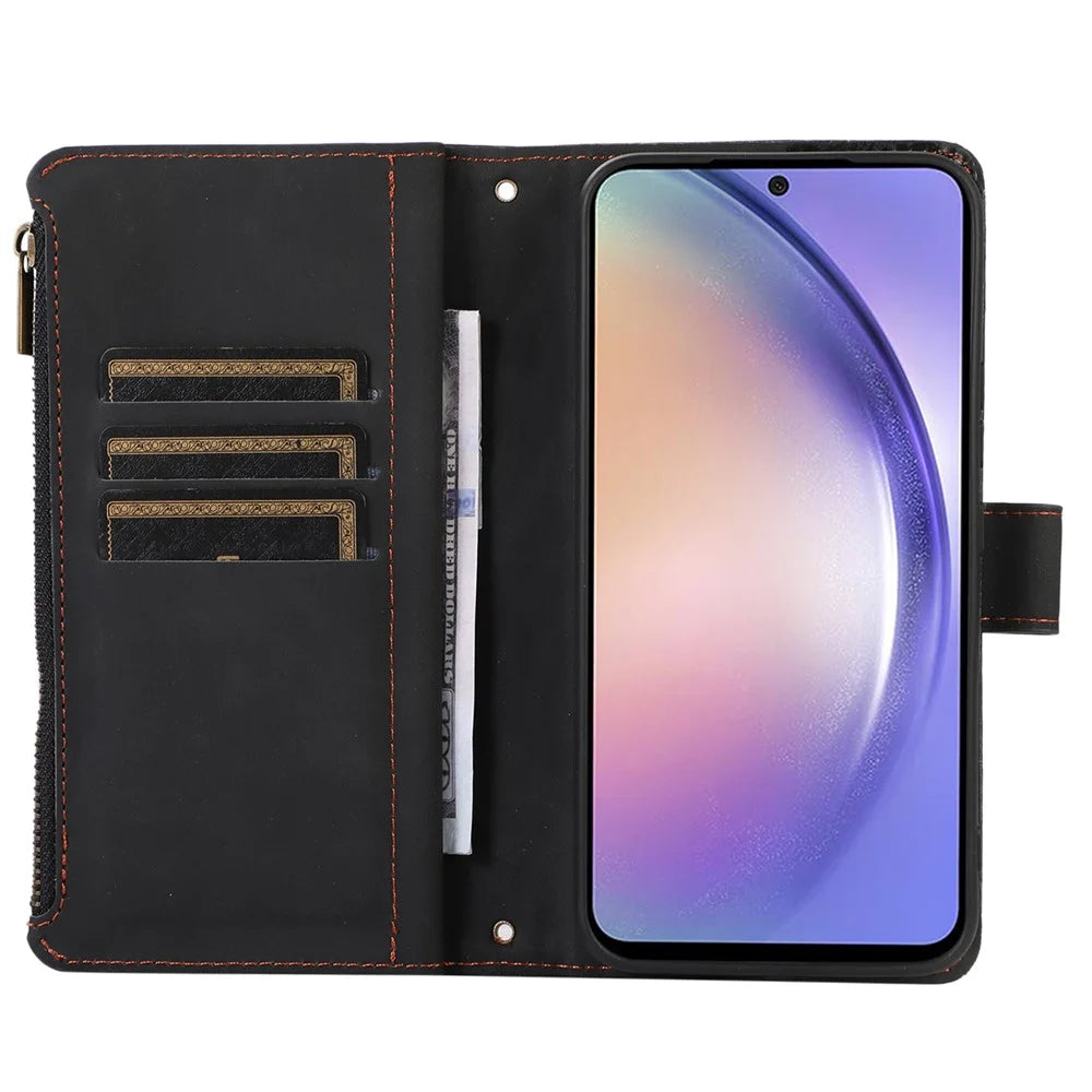 For Samsung Galaxy A24 4G (162.1 x 77.6 x 8.3mm) Zipper Pocket Wallet Stand Phone Case 9 Card Slots Imprinted Leather Shell - Black - 2