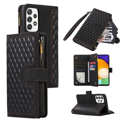 For Samsung Galaxy A53 5G Zipper Pocket Leather Stand Wallet Shell 9 Card Slots Rhombus Grid Phone Case - Black - 1