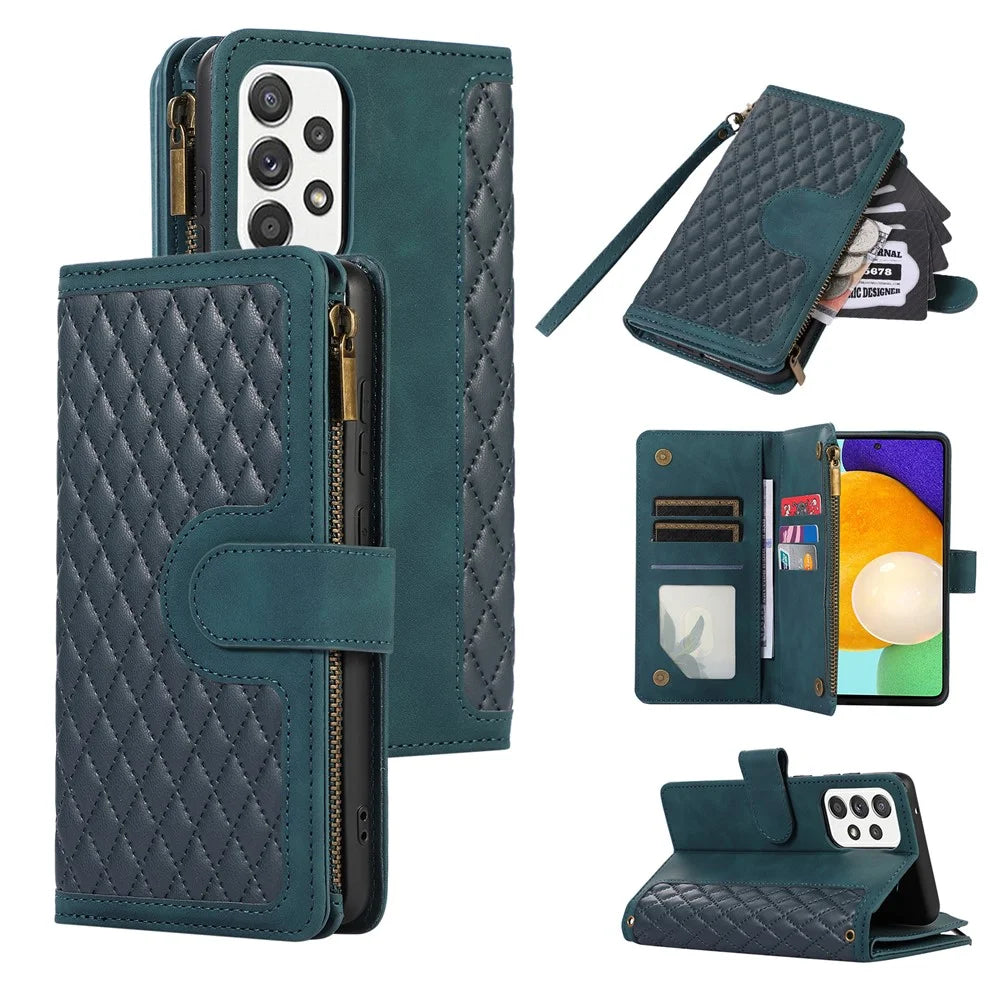 For Samsung Galaxy A32 5G / M32 5G Rhombus Design Zipper Pocket Leather Phone Case  9 Card Slots Wallet Stand Cover - Green - 1