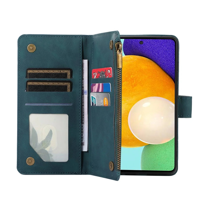 For Samsung Galaxy A32 5G / M32 5G Rhombus Design Zipper Pocket Leather Phone Case  9 Card Slots Wallet Stand Cover - Green - 5