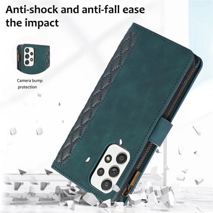 For Samsung Galaxy A32 5G / M32 5G Rhombus Design Zipper Pocket Leather Phone Case  9 Card Slots Wallet Stand Cover - Green - 6