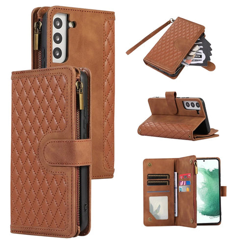 For Samsung Galaxy S21 FE 5G Zipper Pocket 9 Card Slots Phone Case PU Leather Wallet Stand Anti-drop Cover - Brown - 1