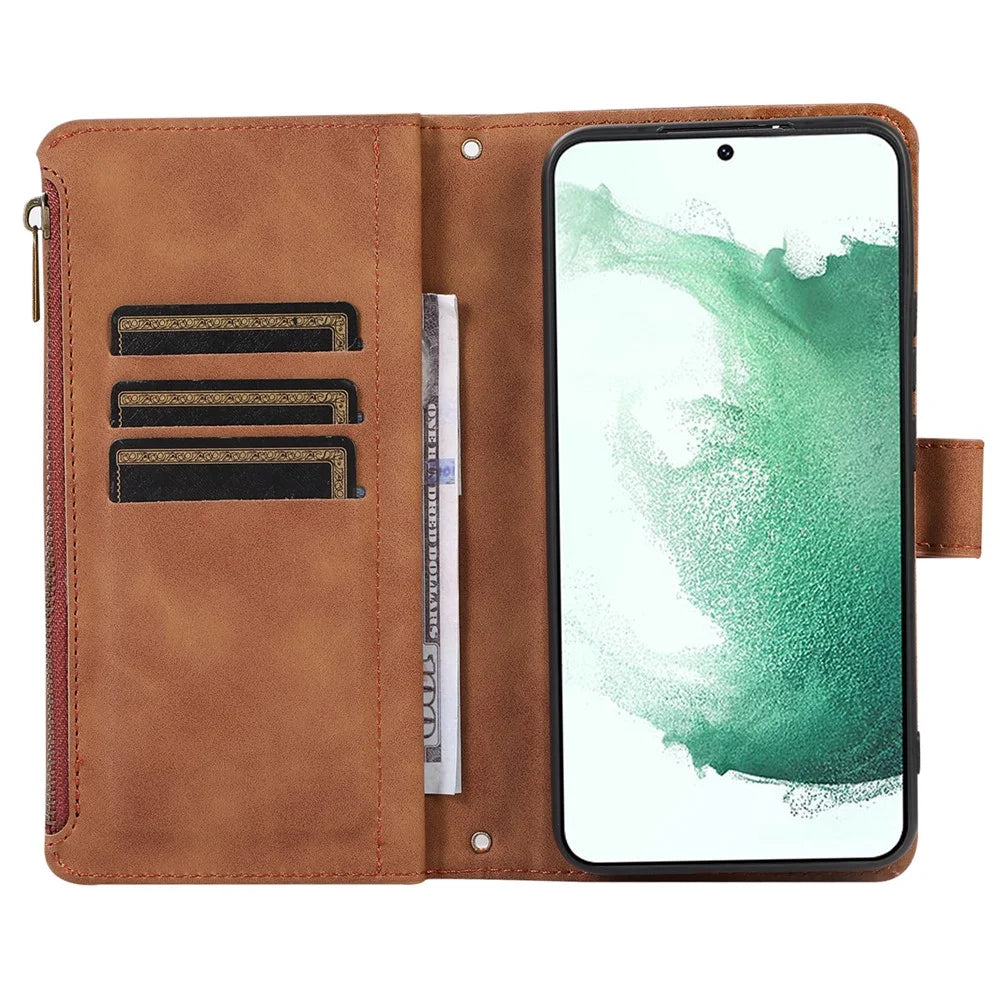 For Samsung Galaxy S21 FE 5G Zipper Pocket 9 Card Slots Phone Case PU Leather Wallet Stand Anti-drop Cover - Brown - 2