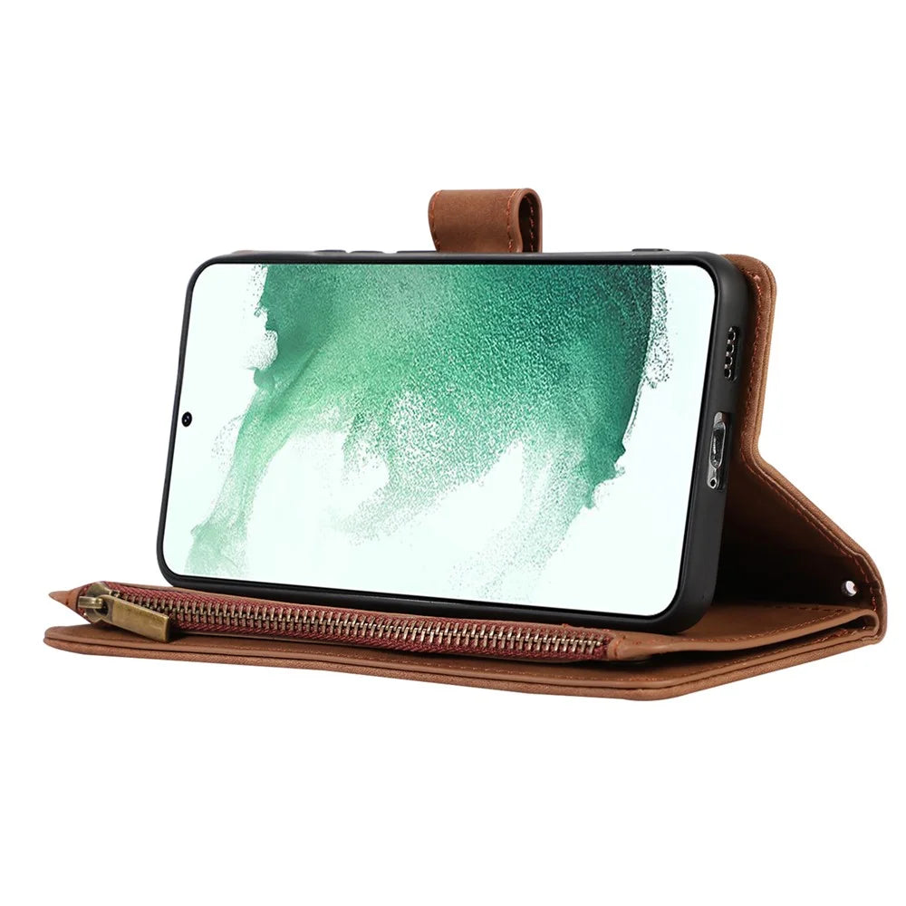 For Samsung Galaxy S21 FE 5G Zipper Pocket 9 Card Slots Phone Case PU Leather Wallet Stand Anti-drop Cover - Brown - 3