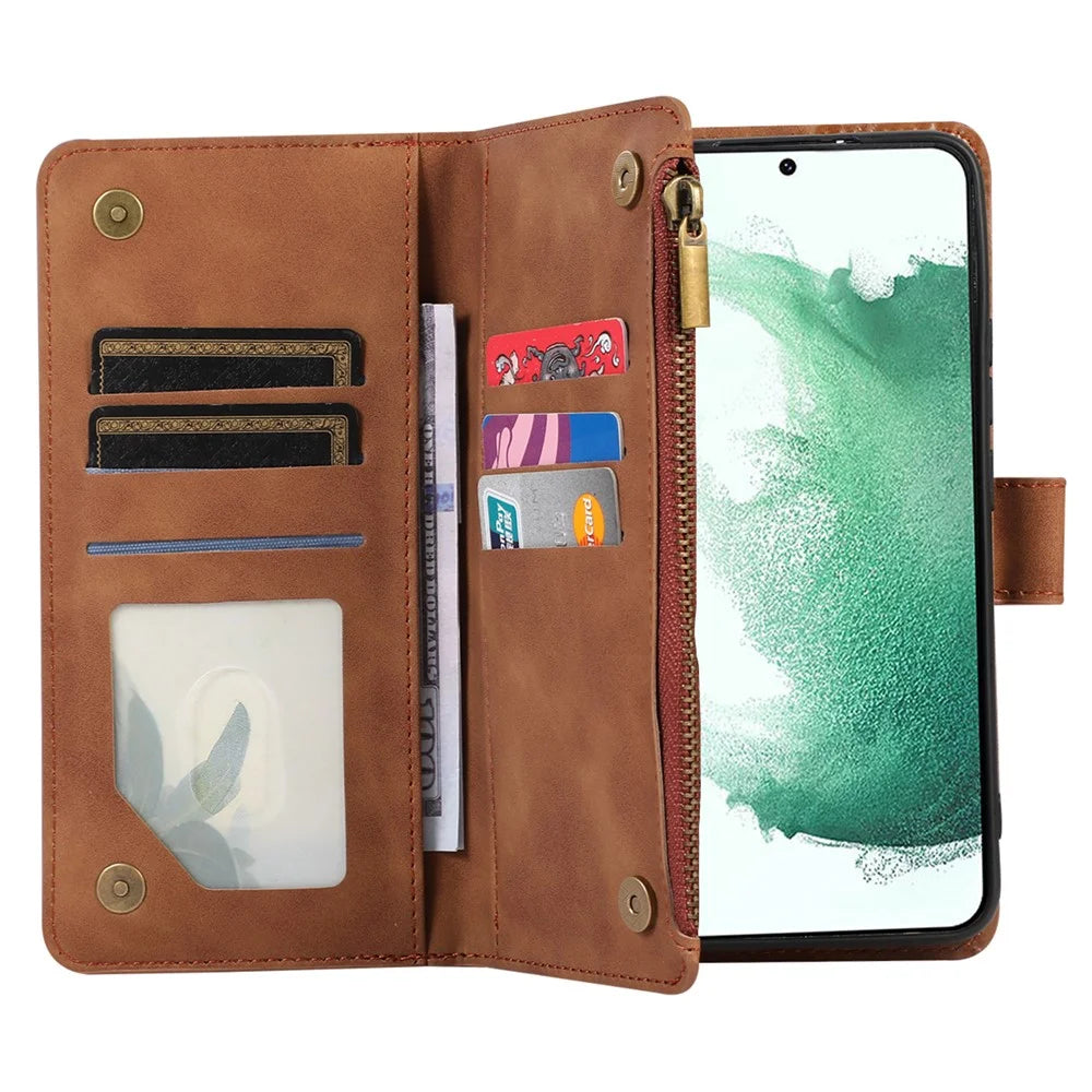 For Samsung Galaxy S21 FE 5G Zipper Pocket 9 Card Slots Phone Case PU Leather Wallet Stand Anti-drop Cover - Brown - 4