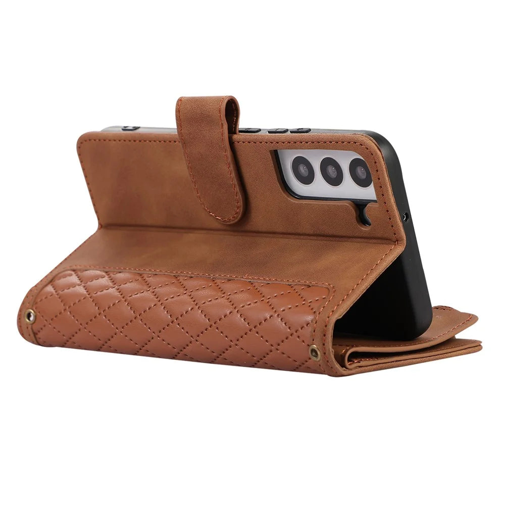 For Samsung Galaxy S21 FE 5G Zipper Pocket 9 Card Slots Phone Case PU Leather Wallet Stand Anti-drop Cover - Brown - 5