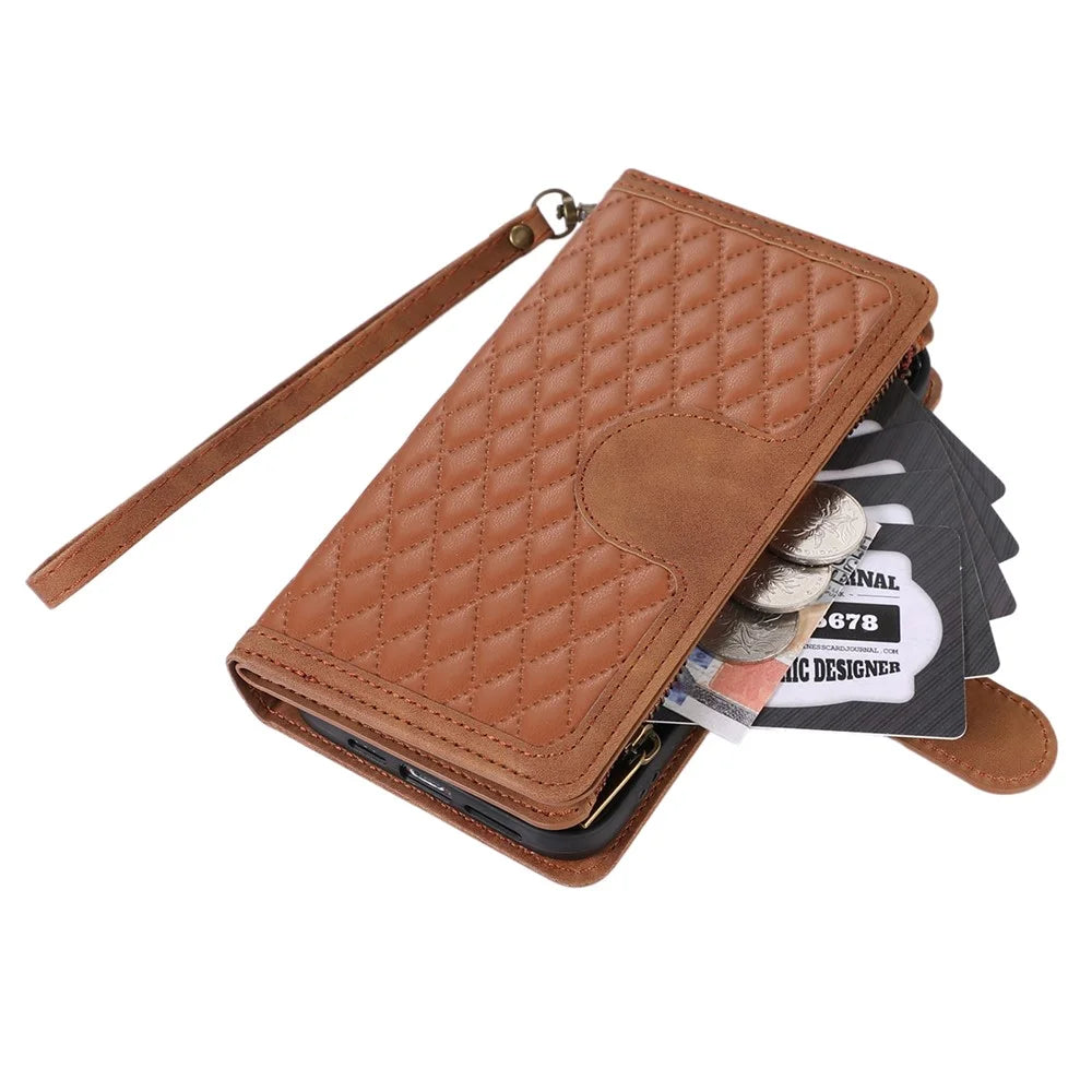 For Samsung Galaxy S21 FE 5G Zipper Pocket 9 Card Slots Phone Case PU Leather Wallet Stand Anti-drop Cover - Brown - 6