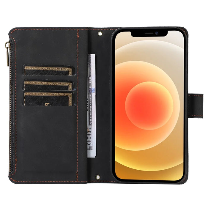 For iPhone 12 / 12 Pro 6.1 inch Zipper Pocket Leather Protective Shell Wallet Stand Phone Case with 9 Card Slots - Black - 2