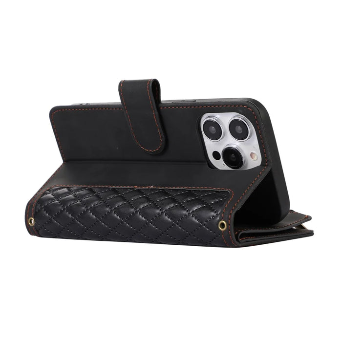 For iPhone 12 / 12 Pro 6.1 inch Zipper Pocket Leather Protective Shell Wallet Stand Phone Case with 9 Card Slots - Black - 4