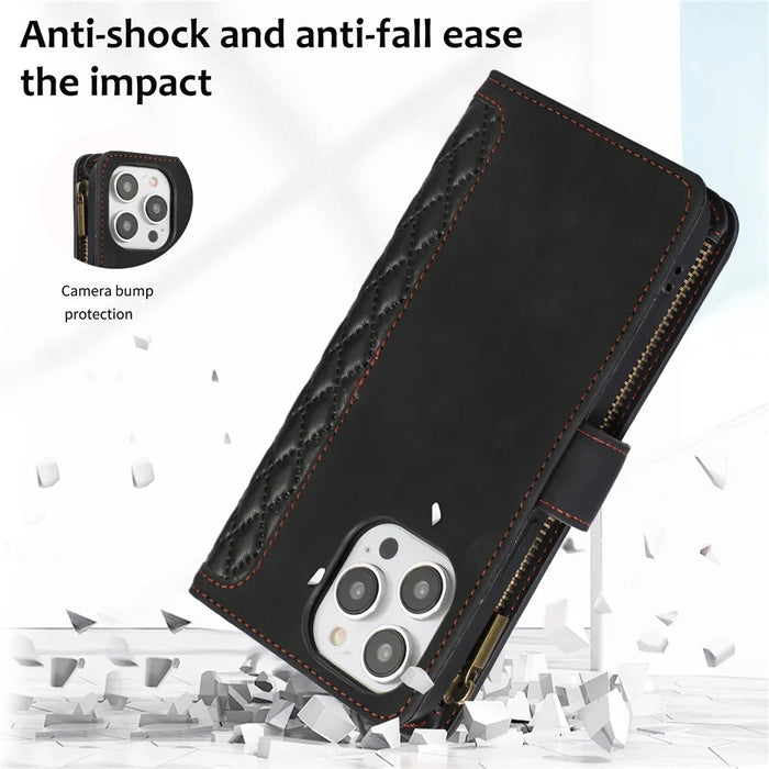 For iPhone 12 / 12 Pro 6.1 inch Zipper Pocket Leather Protective Shell Wallet Stand Phone Case with 9 Card Slots - Black - 7