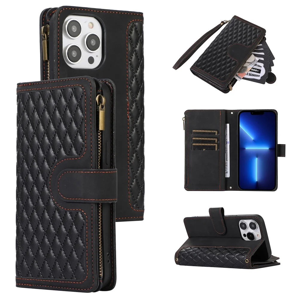 For iPhone 13 Pro 6.1 inch Leather Card Holder Phone Case Rhombus Imprint Zipper Pocket Wallet Stand Cover - Black - 1