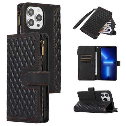 For iPhone 13 Pro 6.1 inch Leather Card Holder Phone Case Rhombus Imprint Zipper Pocket Wallet Stand Cover - Black - 1