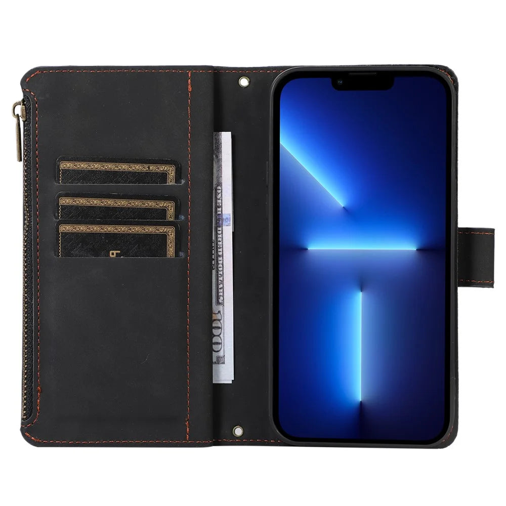 For iPhone 13 Pro 6.1 inch Leather Card Holder Phone Case Rhombus Imprint Zipper Pocket Wallet Stand Cover - Black - 2