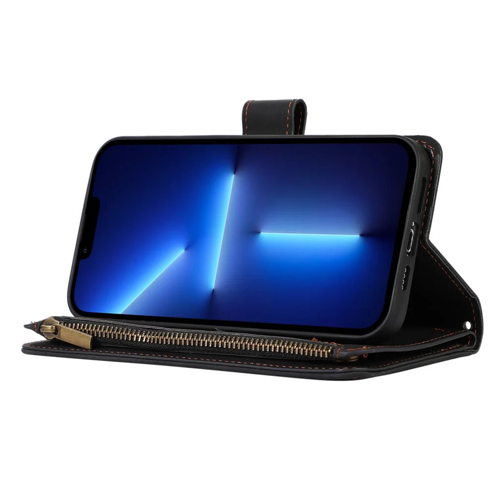 For iPhone 13 Pro 6.1 inch Leather Card Holder Phone Case Rhombus Imprint Zipper Pocket Wallet Stand Cover - Black - 3