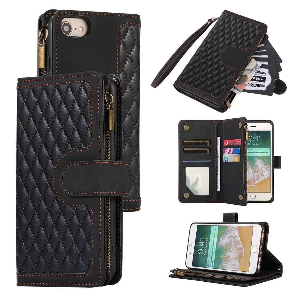 For iPhone 7 / 8 4.7 inch / SE (2022) / (2020) Imprinted Phone Case 9 Card Slots Leather Wallet Stand Cover with Zipper Pocket - Black - 1